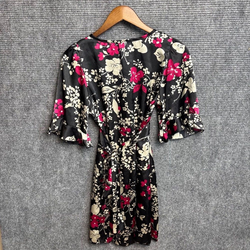 Y2K Rue21 Womens Floral Satin V-Neck Mini Dress Black Pink Ruffle Sleeve Size M - Picture 3 of 4